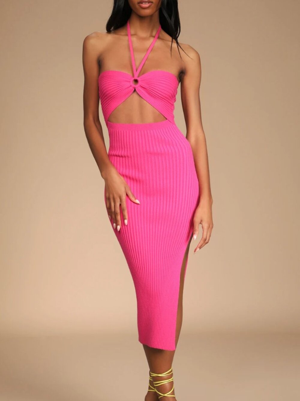 Lulus Leading the Trends Hot Pink Ribbed Knit Cutout Halter Midi Dress